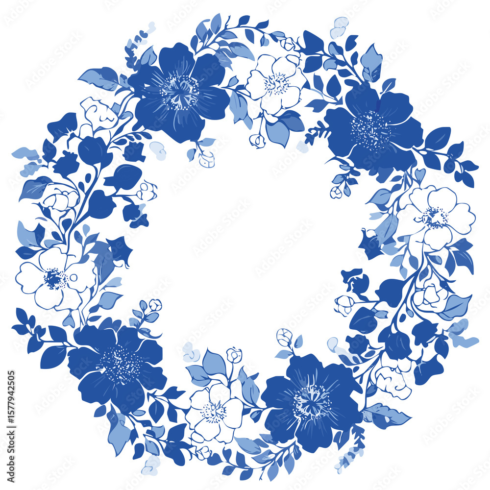 Fototapeta premium Blue and White Chinoiserie Toile Floral Wreath
