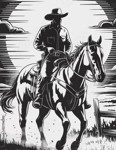 Vintage Western Cowboy on Horseback – Classic Rodeo Sketch with Lasso and Hat in Rustic Style	