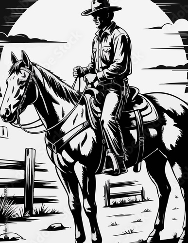 Vintage Western Cowboy on Horseback – Classic Rodeo Sketch with Lasso and Hat in Rustic Style	