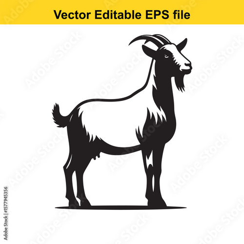 A horned goat with a beard, Silhouette,  isolated on white background