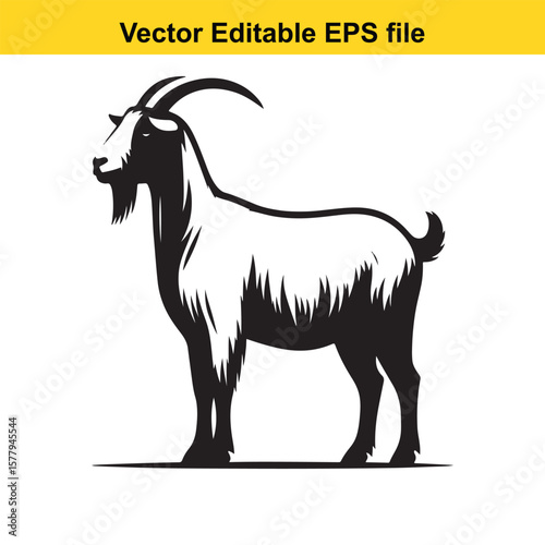 A horned goat with a beard, Silhouette,  isolated on white background