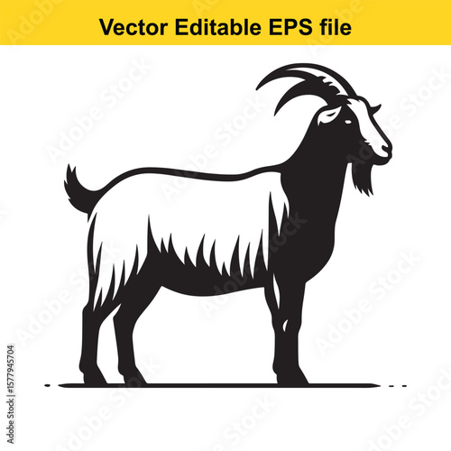 A horned goat with a beard, Silhouette,  isolated on white background