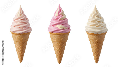 Three ice cream cones with pink and white soft serve on a black background in a horizontal line .