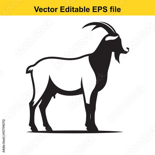 A horned goat with a beard, Silhouette,  isolated on white background