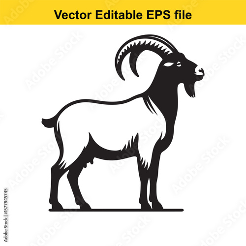 A horned goat with a beard, Silhouette,  isolated on white background