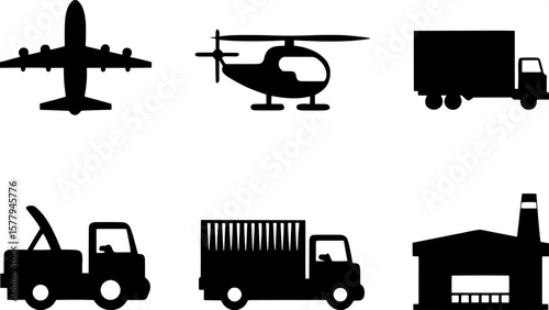 "Minimalist line art icon pack of commercial transport and supply chain. Includes plane, drone, helicopter, pallet jack, cargo van, freight ship, and logistic center."