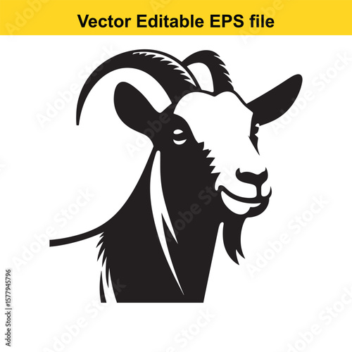 A horned goat with a beard, Silhouette,  isolated on white background