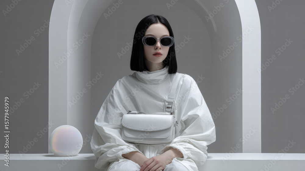 Obraz premium A fusion of Gentle Monstera's mood with art, minimalism, and high-fashion sensibility in a black-and-white aesthetic. 