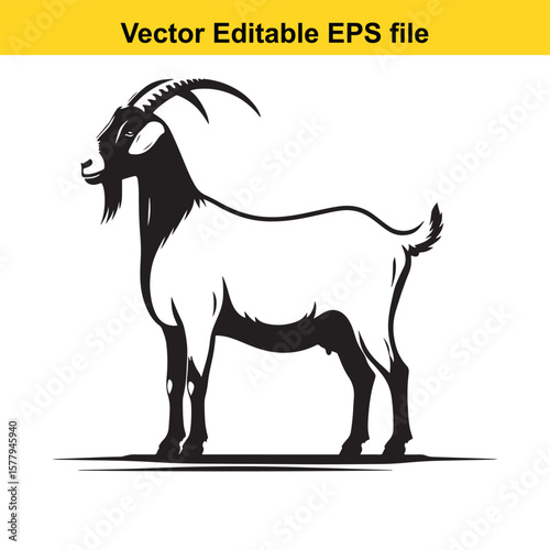 A horned goat with a beard, Silhouette,  isolated on white background