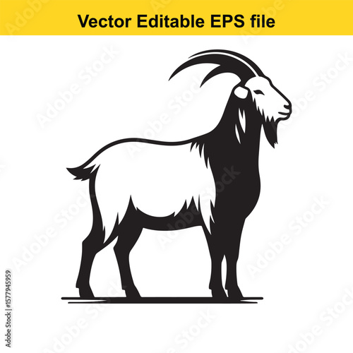 A horned goat with a beard, Silhouette,  isolated on white background
