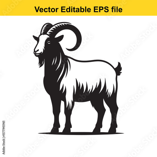 A horned goat with a beard, Silhouette,  isolated on white background