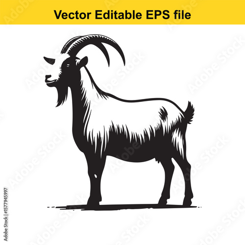 A horned goat with a beard, Silhouette,  isolated on white background