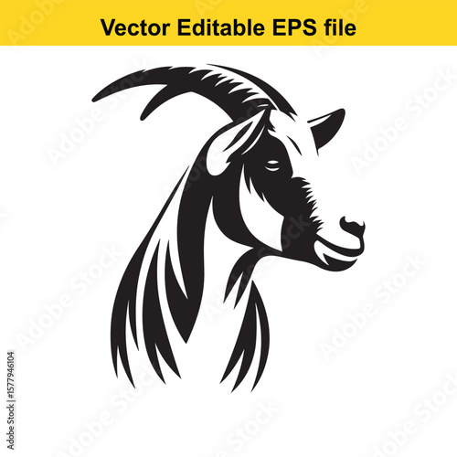 A horned goat with a beard, Silhouette,  isolated on white background