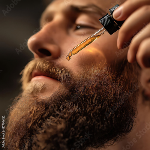 Man applying beard oil with dropper on thick brown beard