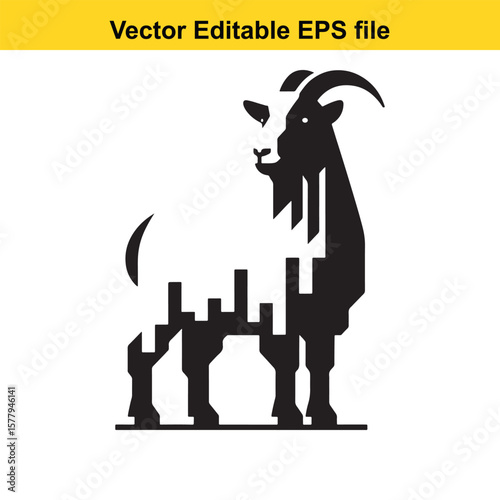 A horned goat with a beard, Silhouette,  isolated on white background