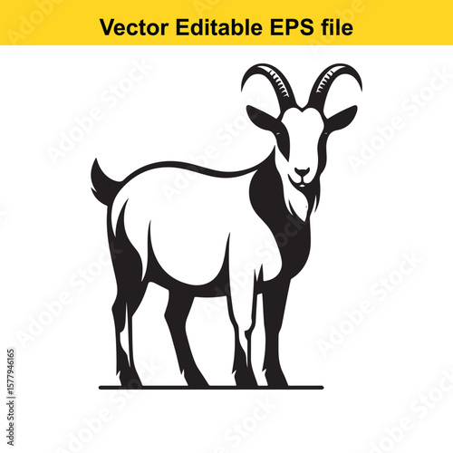 A horned goat with a beard, Silhouette,  isolated on white background