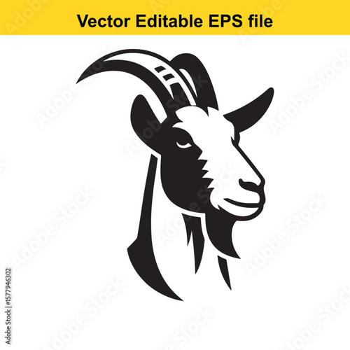 A horned goat with a beard, Silhouette,  isolated on white background