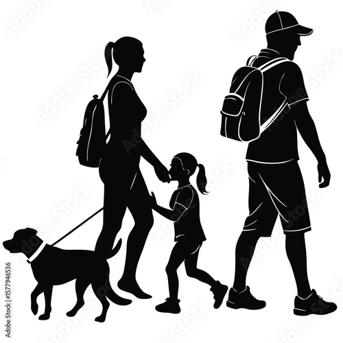 Silhouette of a family walking with their dog in a park illustration