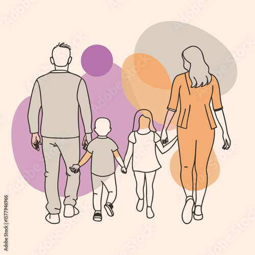 Silhouette of a family walking in a park with two children vector