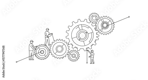  Engineers working with gears in line art for teamwork infographic