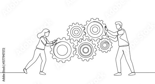  Man and woman connecting gears in line art for cooperation concept