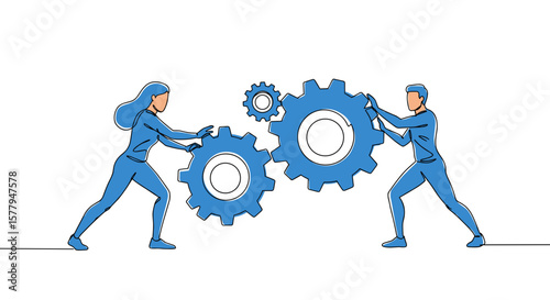  Man and woman adjusting blue gears for teamwork strategy design