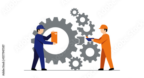  Engineers maintaining gears in flat style for industrial teamwork theme