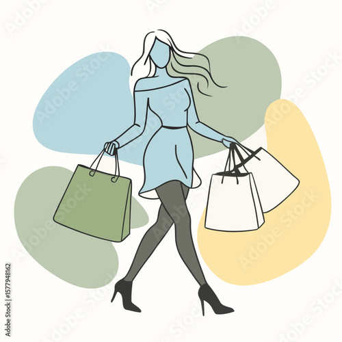 Stylish woman silhouette walking confidently with shopping bags vector design