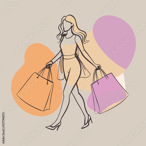 Stylish woman silhouette walking confidently with shopping bags vector design