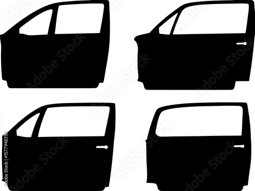 "Collection of open-door car vector illustrations in silhouette style. Icons include different viewing angles—side, front, back, and top—with door shapes and hinges clearly emphasized. Suitable for au
