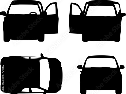 "Collection of open-door car vector illustrations in silhouette style. Icons include different viewing angles—side, front, back, and top—with door shapes and hinges clearly emphasized. Suitable for au