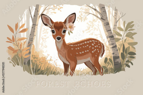 Adorable fawn with flower in forest setting deer trees