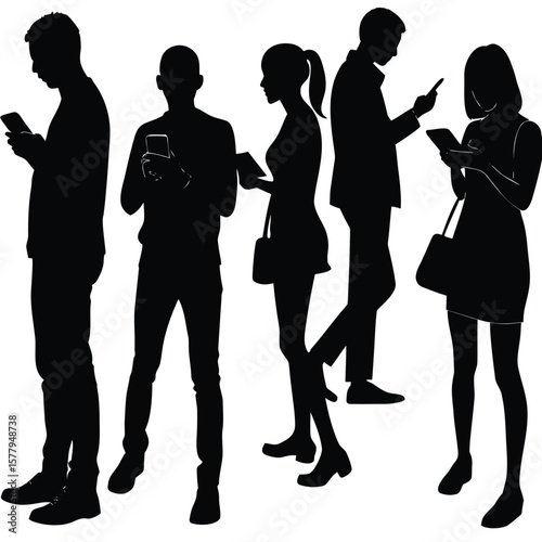 Silhouette of people using smartphones connecting communicating and engaging with technology