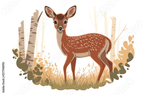 Spotted fawn standing in autumnal forest clearing deer brown