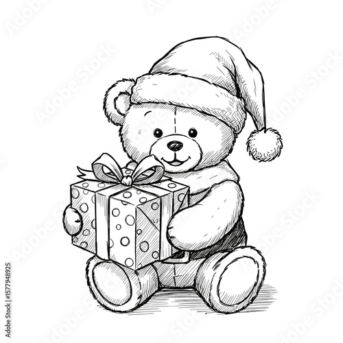 teddy bear in santa hat illustration. Black and white Engraving sketch of a teddy bear wearing a Santa Claus hat and holding a gift box. 