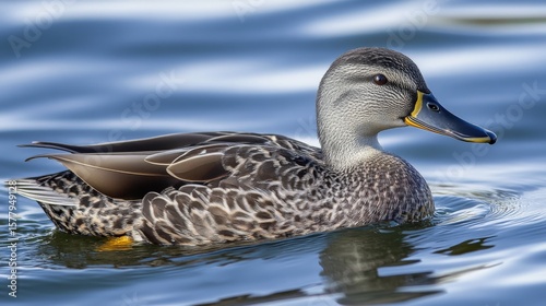 Close-up of a grey duck on a blue water surface.
