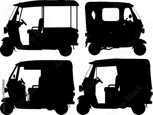  Three-wheeler urban transport vehicle icon set — Flat vector silhouette illustrations of motor rickshaws used for public transport in Asia and Africa, featuring simple and bold outlines.