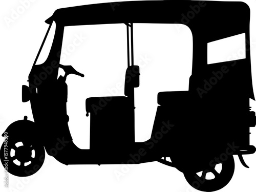  Retro style three-wheel auto rickshaw silhouette illustration — Side profile of a classic tuk-tuk design in solid black vector, emphasizing curves and structural features for a stylized look.