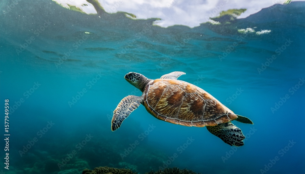 Obraz premium a sea turtle glides gracefully underwater with outstretched flippers against a green aquatic background