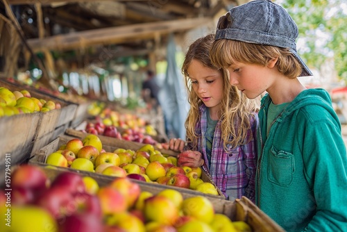 Young girl and boy examine fresh apples at a farm stand, preparing to choose perfect fruit for healthy eating and snacking