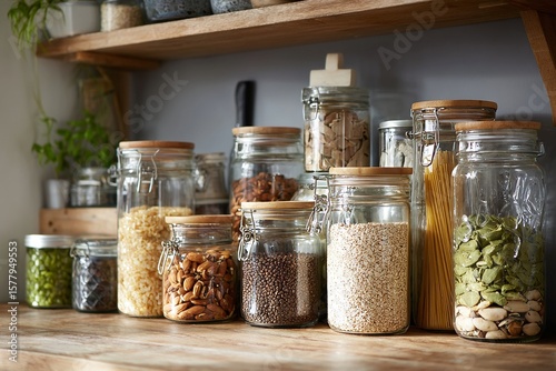 Collection of assorted dry goods and pantry staples in glass storage jars on wooden shelves and counter, zero waste lifestyle