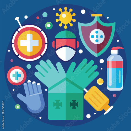 A circular illustration representing medical elements and safety equipment against virus infection and protection during the pandemic.