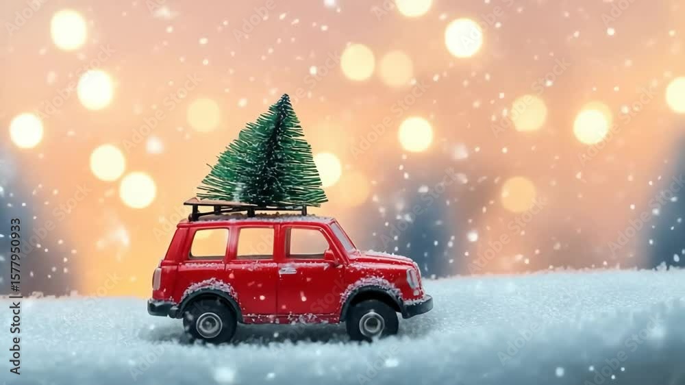 A red toy car with a Christmas tree on the roof drives through snow. Soft bokeh lights create a festive atmosphere in the background.