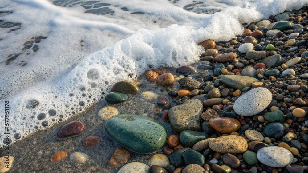 Obraz premium High-Angle Serenity Mixed Pebbles and Seafoam on the Shoreline, a Coastal Dream