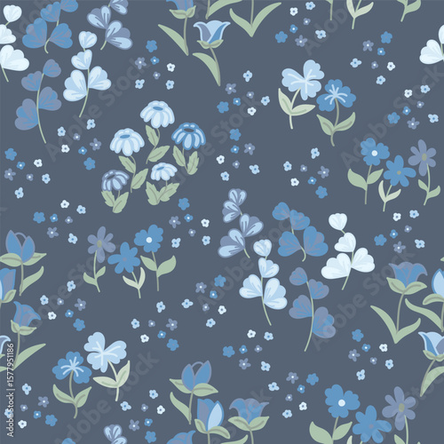 Fantasy Flowers in Shades of Blues with Sage Green Leaves on Navy Blue creating a seamless pattern print