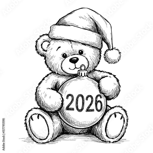 Vintage ink sketch of teddy bear in Santa hat with 2026 Christmas ornament - hand drawn black and white vector illustration engraving svg