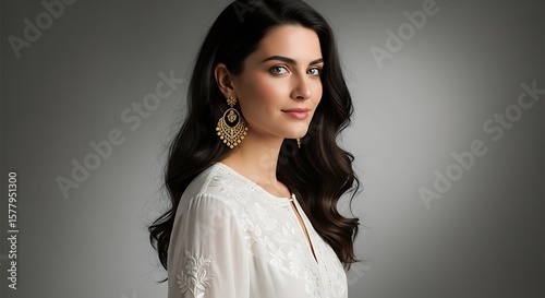 Portrait of a Beautiful Woman with Elegant Earrings and Flowing Hair in Natural Light, Posing with Grace and Confidence