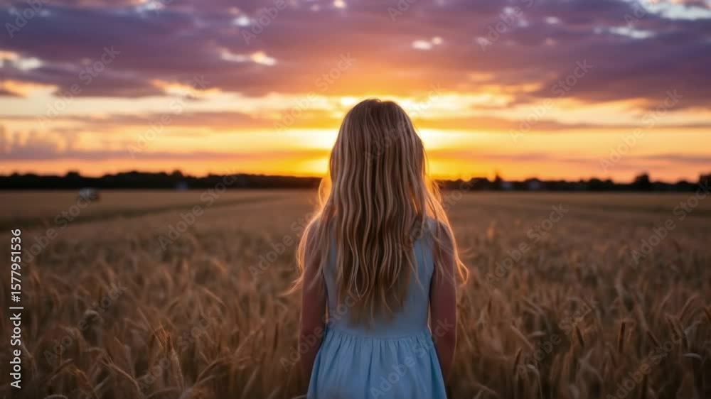 A young girl in blue dress stands in a wheat field facing a vibrant sunset with colorful clouds A young girl in blue dress stands in a wheat field facing a vibrant sunset with colorful clouds