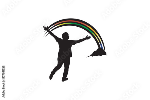 Silhouette of a person reaching for a vibrant rainbow