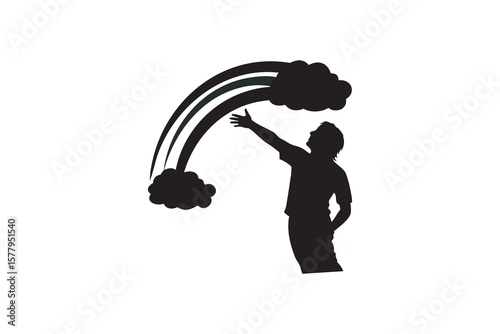 Silhouette of a person reaching for a rainbow emerging from clouds